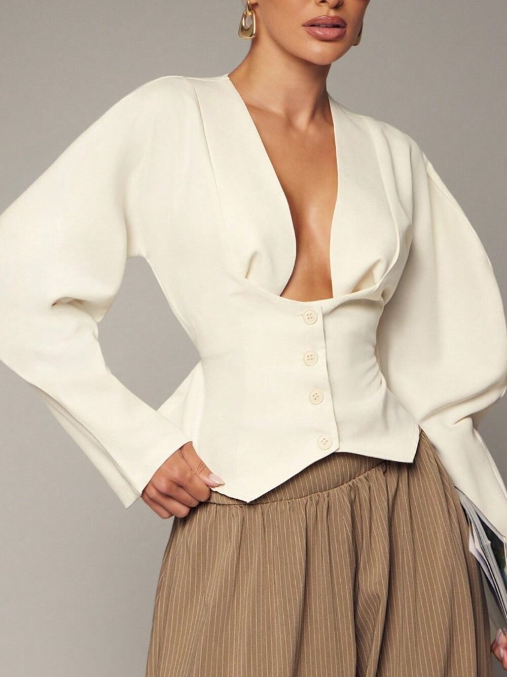 Apricot Elegant Women's Deep V-Neck Puff Long Sleeve Cropped Blouse